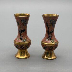 Vintage India Brass Enamel Bud Vases With Floral Motif Petite Decorative Set